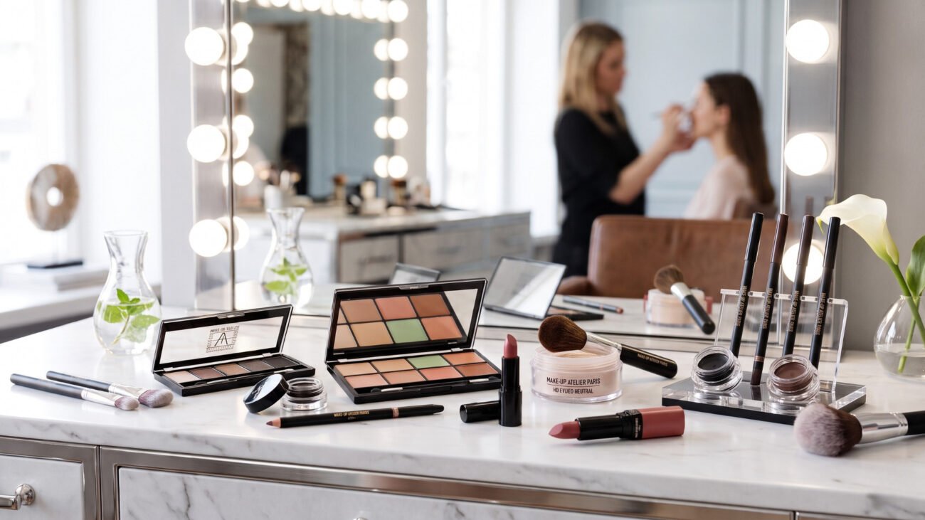 Make-up-Produkte auf Schminktisch im Studio