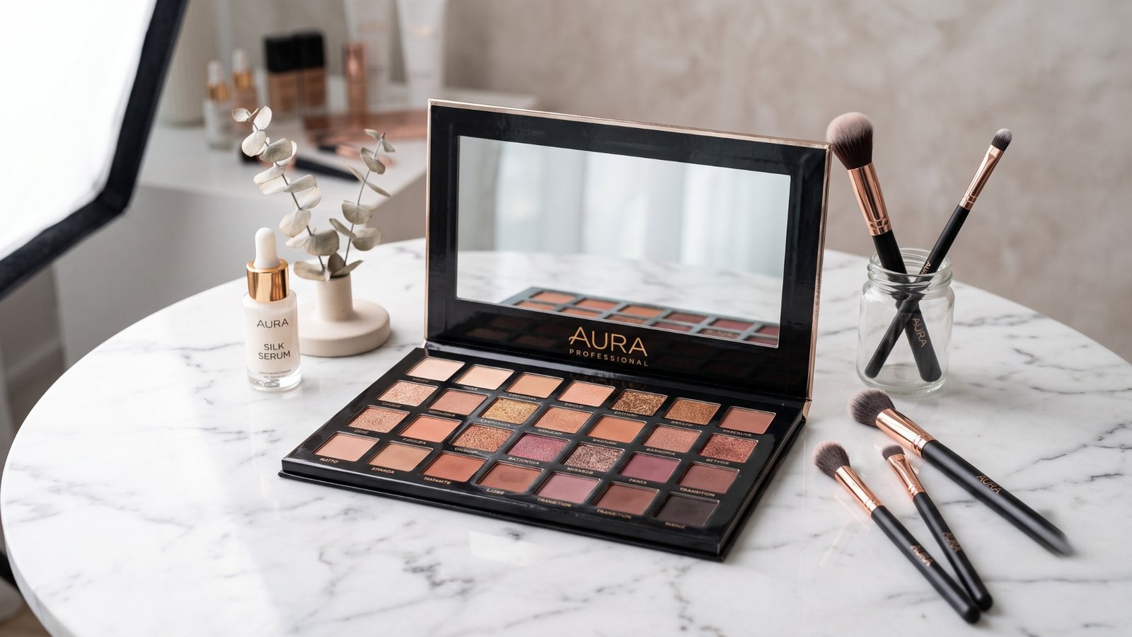 Make-up-Palette mit Pinseln und Serum auf Marmortisch